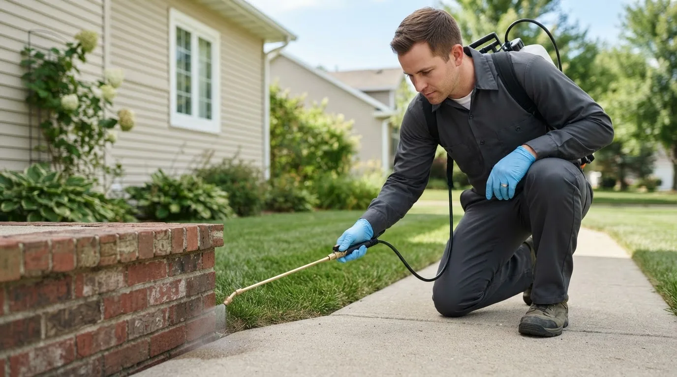Pest control technician treating a home near Cazenovia, NY