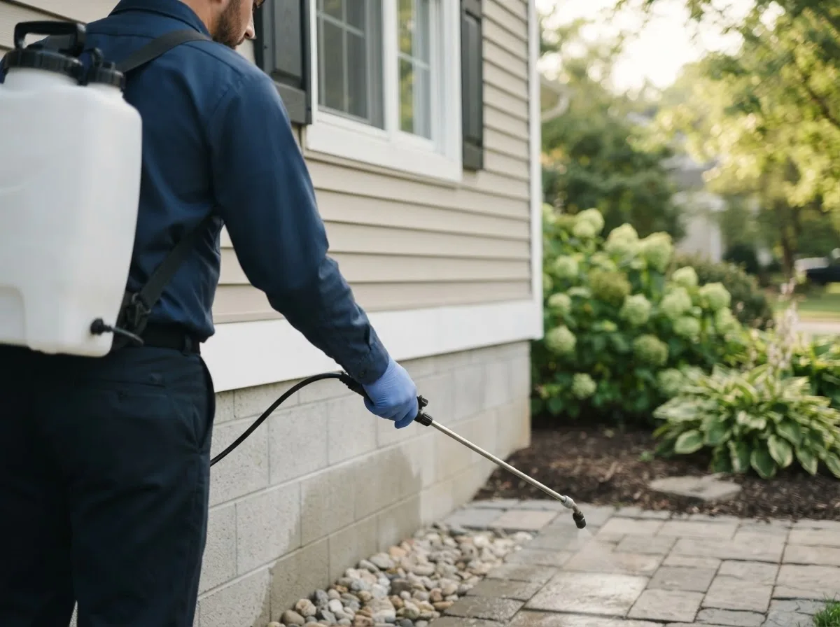 Pest control technician inspecting a home in Cazenovia, NY